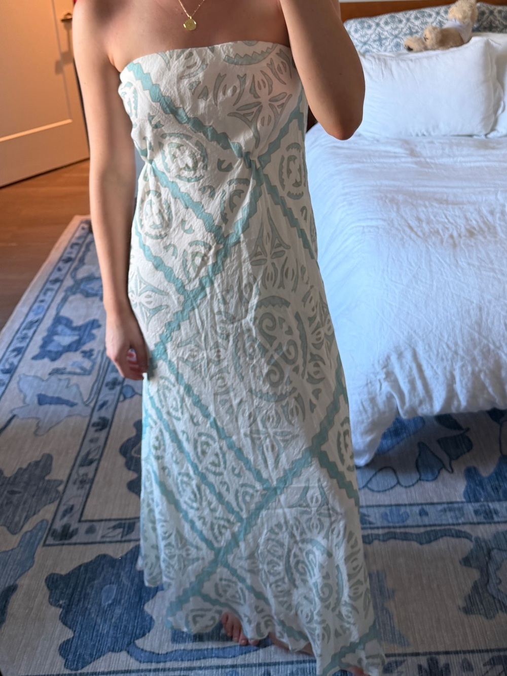 Strapless Maxi Dress in Pale Blue and Cream